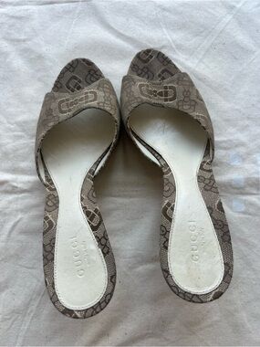 Gucci Brown Beige Monogram Open-Toe Slide Mules